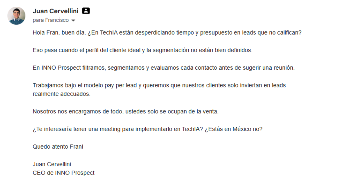 Ejemplo de cold email de INNO Prospect